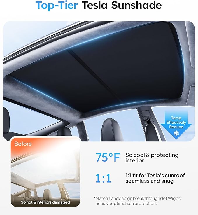Wigoo Tesla Model S Sunshade Roof [Never Sag, Nano Ice-Crystal Coatings] 3-Gen Heat Insulation Glass Roof Sun Shade, Accessories for Tesla Model S 2020~2025, Tesla Interior Black