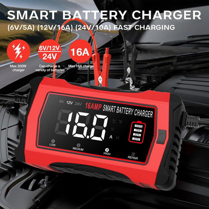 16-Amp 24V/12V/6V Portable Car Battery Charger,Smart LiFePO4 Lithium Lead-Acid Battery Charger,Trickle Charger,Maintainer w/Temperature Compensation for Motorcycles Boats ATVs Lawn Mowers