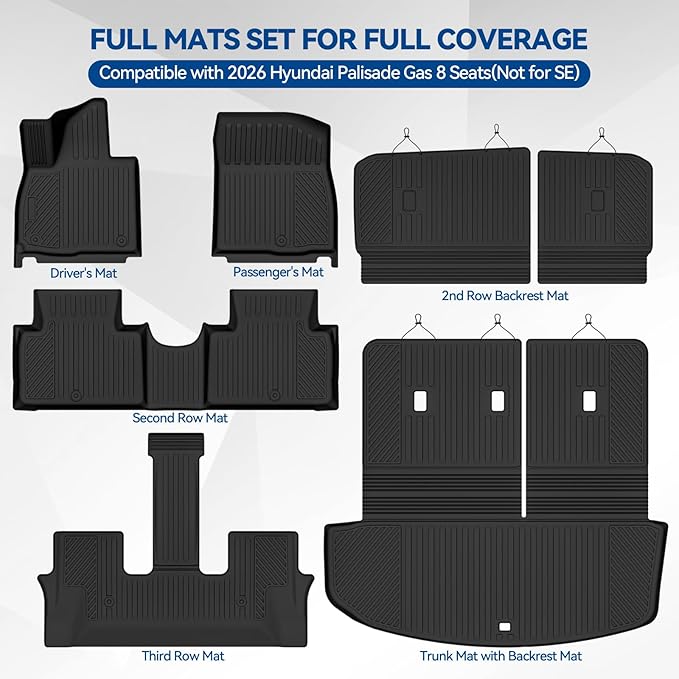 Custom Fit Floor Mats for 2026 Hyundai Palisade Gas 8 Seats 2nd-Row Bench Seat(Not for SE), All Weather TPE Floor Liners & Trunk Mat & Backrest Protectors, Odorless Full Set Interior Accessories