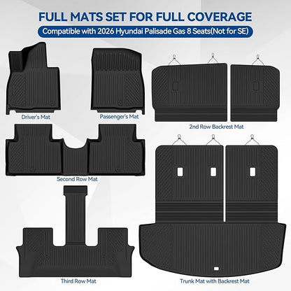 Custom Fit Floor Mats for 2026 Hyundai Palisade Gas 8 Seats 2nd-Row Bench Seat(Not for SE), All Weather TPE Floor Liners & Trunk Mat & Backrest Protectors, Odorless Full Set Interior Accessories