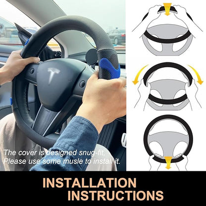 PINCTROT Comfy Grip Steering Wheel Cover for Tesla Model Y/3 2016-2025 2026 Standard/Highland/Juniper, D Shaped 14 Inch Small Sized, Flat Bottom with 3D Honeycomb Anti-Slip Design (Comfy Grip Blue)