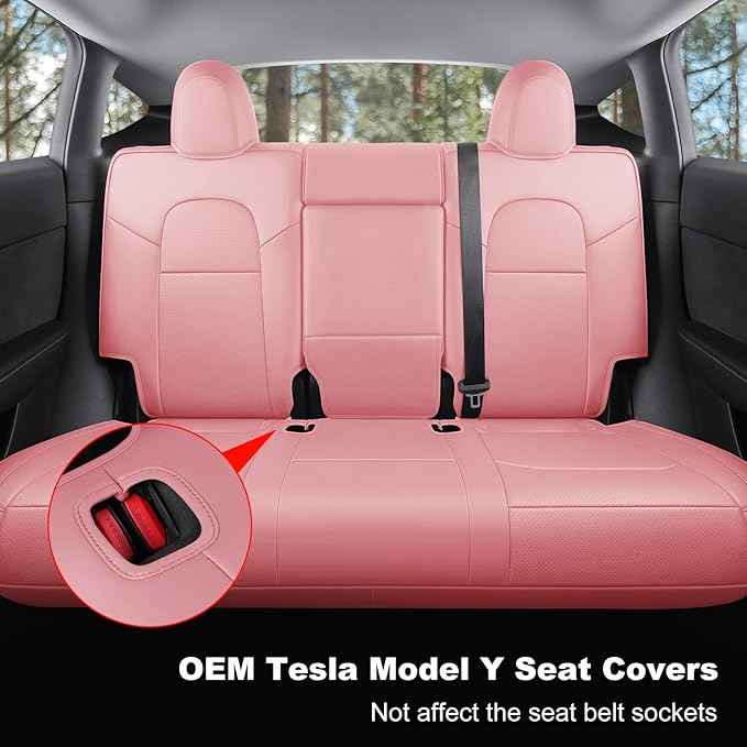 Tesla Model Y Car Seat Covers Nappa Leather Car Interior Seat Airbag Compatible Cushion Cover Full Set Custom Fit 2024 2023 2022 2021 2020, Nappa Pink
