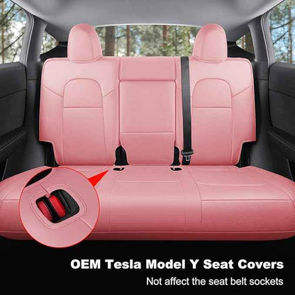 Tesla Model Y Car Seat Covers Nappa Leather Car Interior Seat Airbag Compatible Cushion Cover Full Set Custom Fit 2024 2023 2022 2021 2020, Nappa Pink