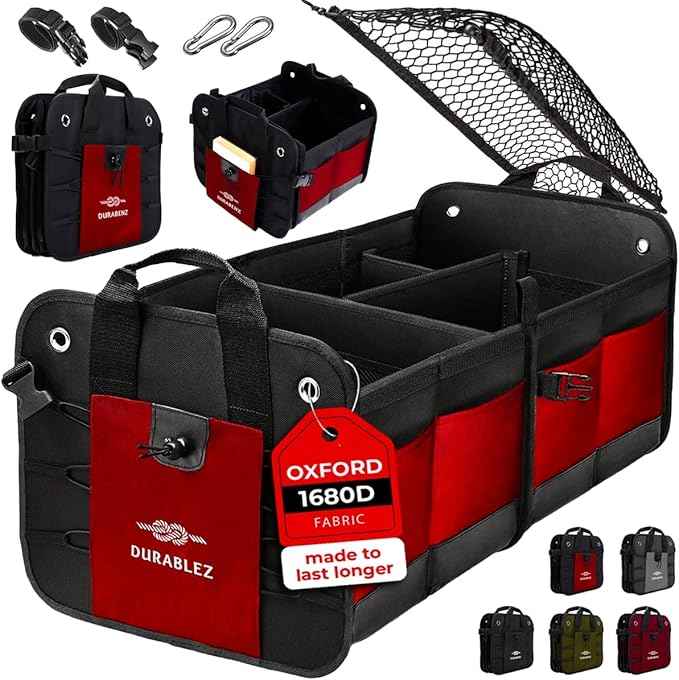2-Section Foldable Trunk Organizer – Compact Car Storage for Groceries, Kids Items, Travel Gear – Dual-Compartment Cargo Bin with Cover Net – Red