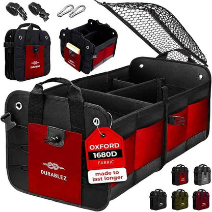 2-Section Foldable Trunk Organizer – Compact Car Storage for Groceries, Kids Items, Travel Gear – Dual-Compartment Cargo Bin with Cover Net – Red