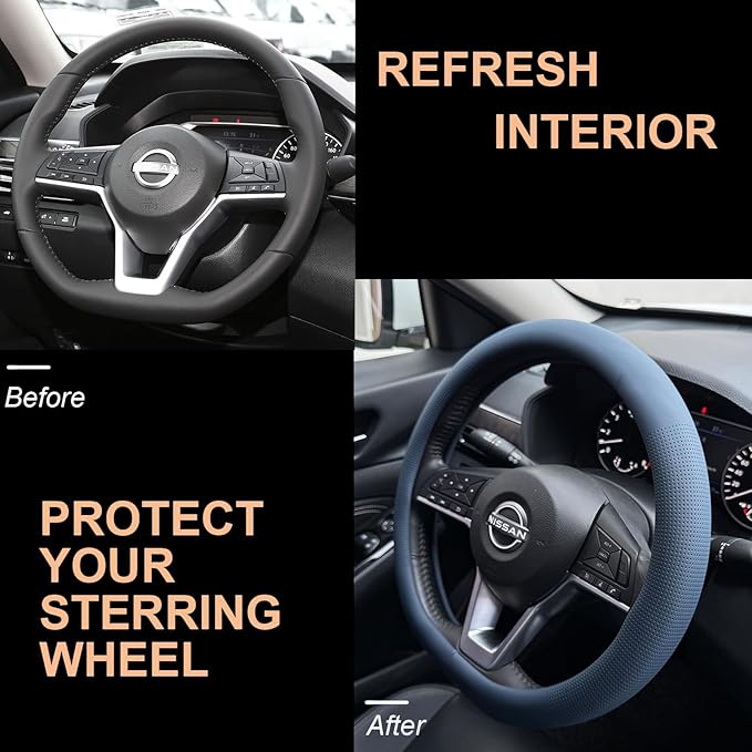 PINCTROT D Shaped Nappa Leather Steering Wheel Cover, Slim Fit No Bulk Design, One Piece Leather with Breathable Perforation, Fit Like Gloves, Flat Bottom 14.5-15 Inch(Nappa Smoky Blue)