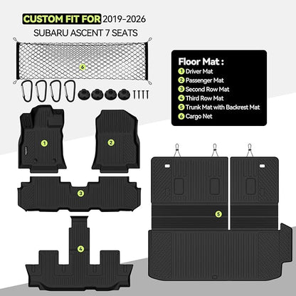 Tongama-Floor Mats for 2019-2025 2026 Subaru Ascent 7 Seat with Bucket Seats, All Weather TPE Trunk Mat with Backrest Mat & Cargo Net for Subaru Ascent Floor Liner Accessories
