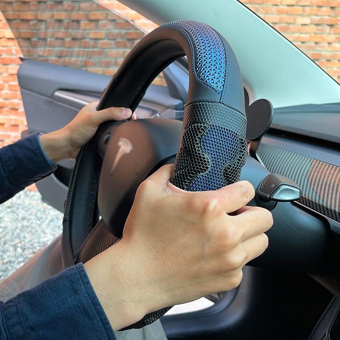 PINCTROT Great Grip Steering Wheel Cover for Tesla Model Y/3 2016-2025 2026 Standard/Highland/Juniper, D Shaped 14 Inch Small Sized, Flat Bottom with 3D Honeycomb Anti-Slip Design (Great Grip Blue)