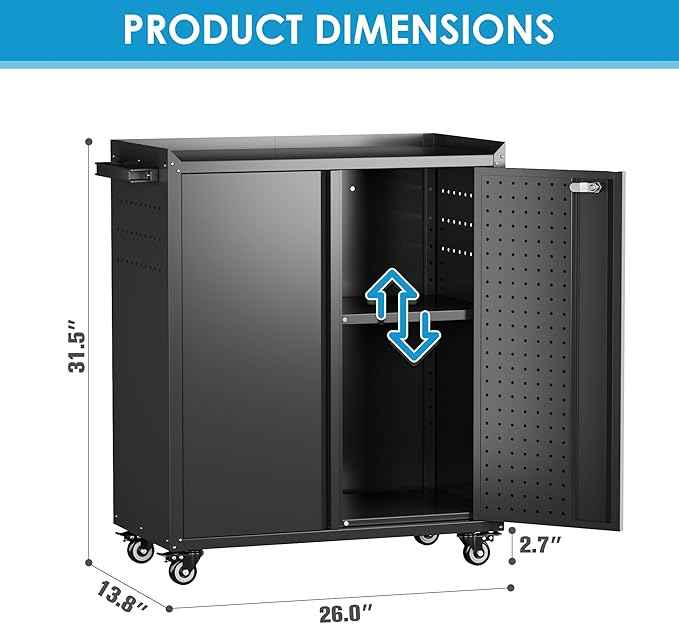 Aobabo 31.5" H Garage Storage Cabinet with Wheels,Lockable Metal Storage Cabinet with 2 Doors for Garage Home Office Storage,Black,Assembly Required