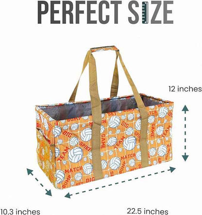Extra Large Utility Tote Bag - Oversized Collapsible Reusable Wire Frame Rectangular Canvas Basket With Two Exterior Pockets For Beach, Pool, Laundry, Car Trunk, Storage - Volleyball