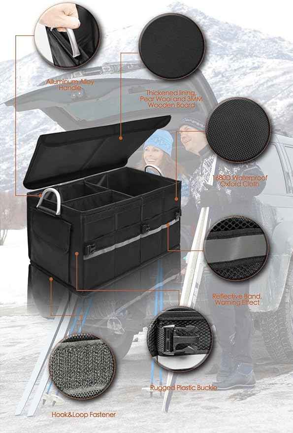 Trunk Organizer With Lid,Medium,Black 55L,For SUV Car Truck,Collapsible Waterproof Oxford Fabric,Portable Multipurpose sorting,3-Compartments with Aluminium Alloy Handle