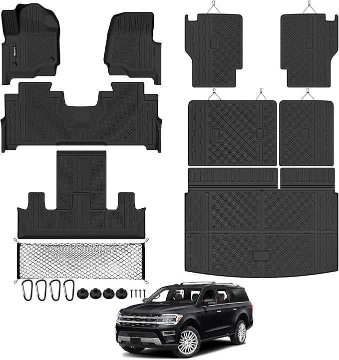 Tongama-Floor Mats for 2018-2024 Ford Expedition Max 7 Seats with 2nd Row Bucket Seats, All Weather TPE Trunk Mat and 2nd/3rd Backrest Mats Protectors and Cargo Net for Ford Expedition Accessories