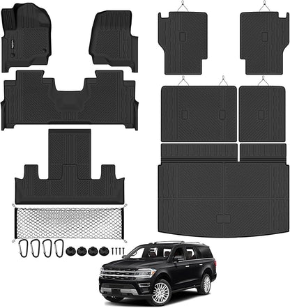 Tongama-Floor Mats for 2018-2024 Ford Expedition Max 7 Seats with 2nd Row Bucket Seats, All Weather TPE Trunk Mat and 2nd/3rd Backrest Mats Protectors and Cargo Net for Ford Expedition Accessories