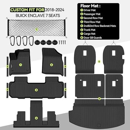 Tongama-Floor Mats for 2018-2024 Buick Enclave 7 Seat with Bucket Seats, All Weather TPE Trunk Mat & 2nd/3rd Row Backrest Mats & Cargo Net & Door Sill Guards for Buick Enclave Floor Liner Accessories