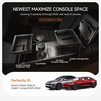 Center Console Organizer for Tesla New Model Y Juniper 2025-2026/Model 3 2024-2026 [2-Layer Design, Easy Slide] Keep Console Clutter-Free Custom Fit for Model 3 & Juniper Model Y Accessories, 4PC
