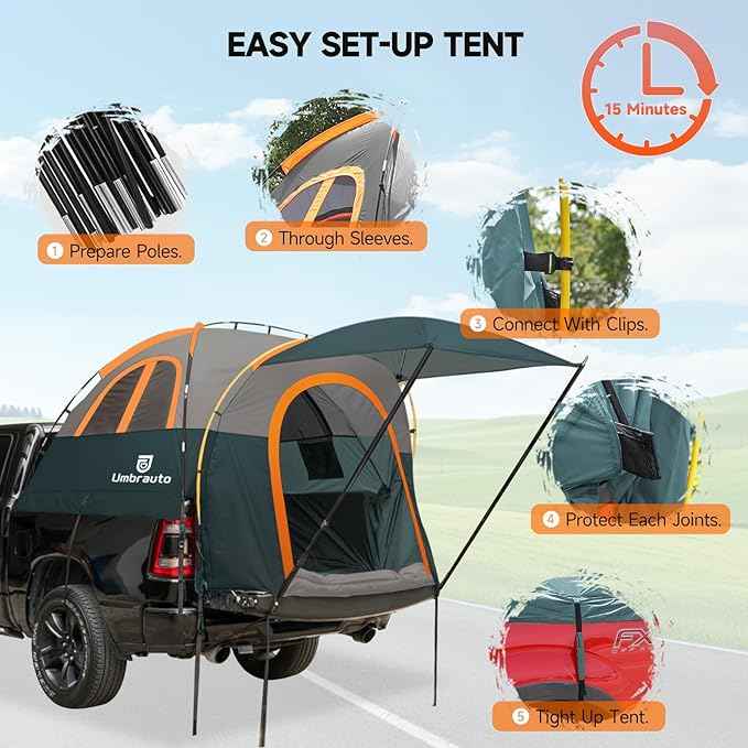 Umbrauto Truck Bed Tent with Awning: 6.4-6.7FT PU3000mm Waterproof Tailgate Pickup Truck Tents, Easy Set-up for 2 Person, Fits Full Size Short Bed, Chevy, Dodge, Ford, GMC, Green