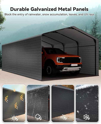 Heavy Duty Metal Carport, 12x20FT Outdoor Carport Canopy with Galvanized Steel Roof and Reinforced Base, Metal Side Panels, Sidewalls, Garage Shelter Shade for Cars, Trucks, Boats, Gray
