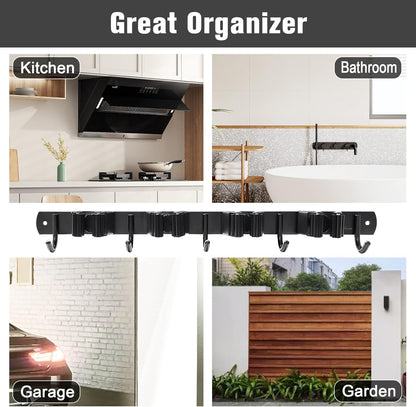 Mop and Broom Holder Wall Mount 4 Racks and 5 Hooks Broom Organizer Storage Tool Racks Stainless Steel Heavy Duty Hooks for Home Kitchen Garden Laundry Garage