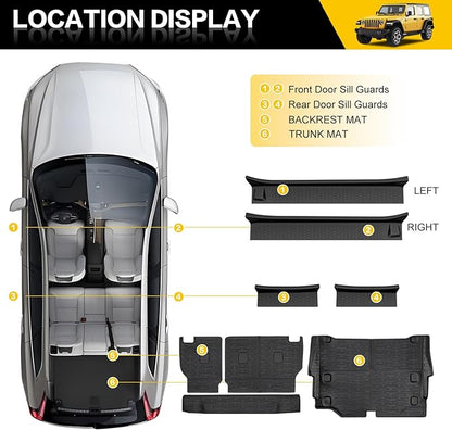 Cargo Mats with Door Sill Guards for 2021-2025 Jeep Wrangler JL Unlimited 4XE Accessories All Weather Rear Seat Back Cover Trunk Liner Door Sill Protector for JL JLU 4XE 4 Door(Not for 4X4)