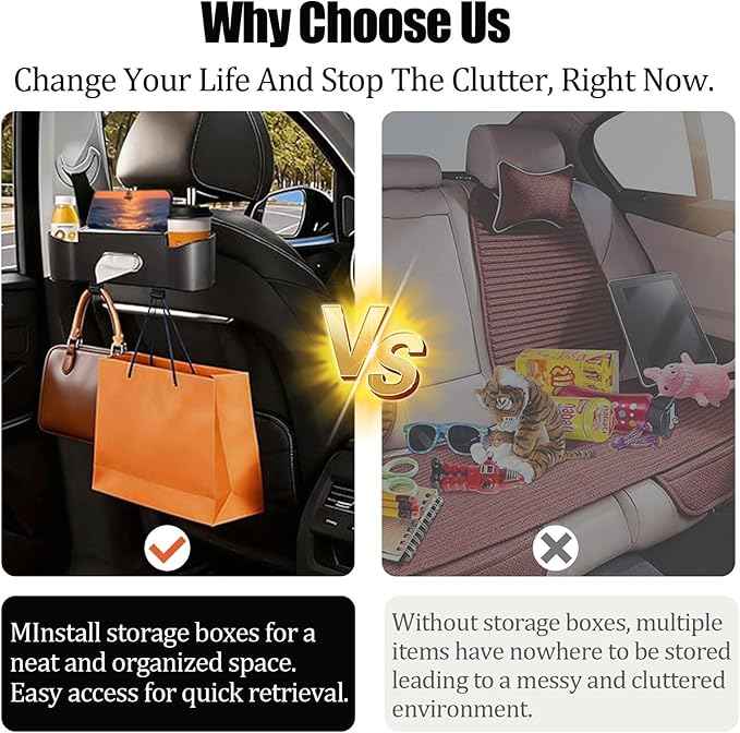 2Pack Car Backseat Organizer for Kids & Travelers - 4 in 1 Multifunctional Car Seat Back Storage with Cup Holder, Tissue Box, Snack/Handbag Holder - Nappa Leather Universal Fit for SUV/Van(Black)
