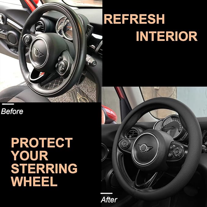 PINCTROT Large Size Nappa Leather Steering Wheel Cover, Slim Fit No Bulk Design, One Piece Leather with Breathable Perforation, Fit Like Gloves, 15.5-15.75 Inch(Nappa Black)