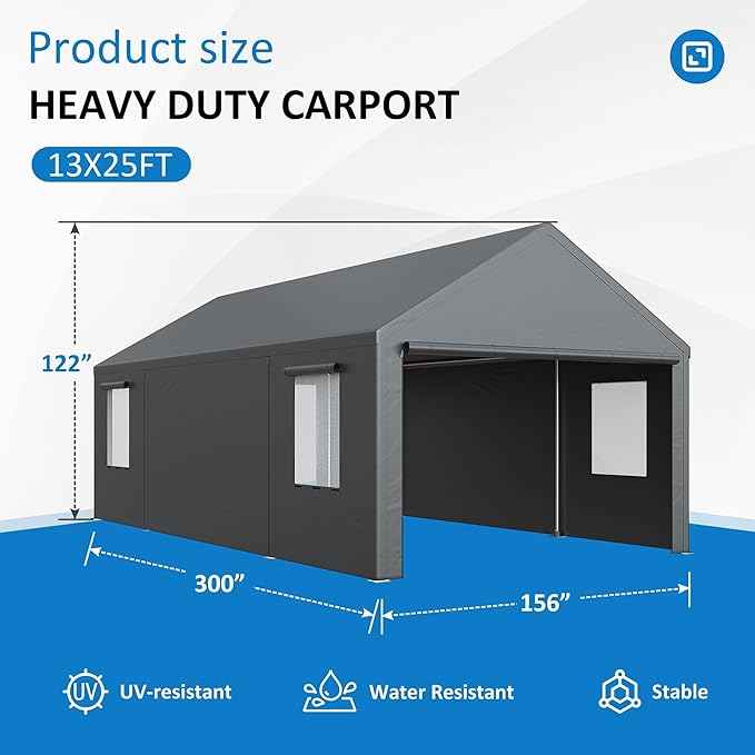 Polar Aurora 13x25 FT Heavy Duty Carport with All-Season Tarp, Portable Garage Tent with Roll-Up Windows & Side-Opening Door, Enclosed Car Port Canopy with Galvanized Frame for Car, SUV, Truck, Boat