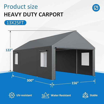 Polar Aurora 13x25 FT Heavy Duty Carport with All-Season Tarp, Portable Garage Tent with Roll-Up Windows & Side-Opening Door, Enclosed Car Port Canopy with Galvanized Frame for Car, SUV, Truck, Boat