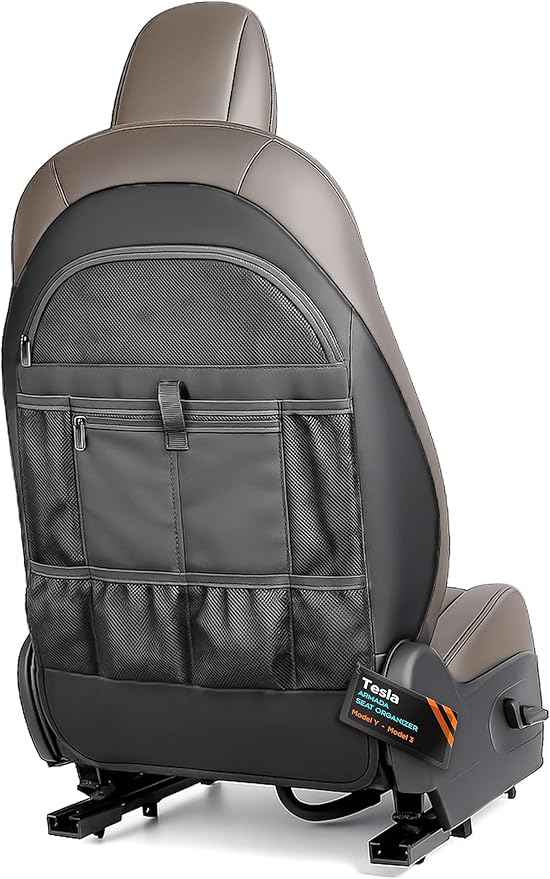 Seat Back Protector Organizer for Tesla Model-3 and Model-Y (Rear Passenger) Fitted Organization with Zippered Storage Pockets (Black)