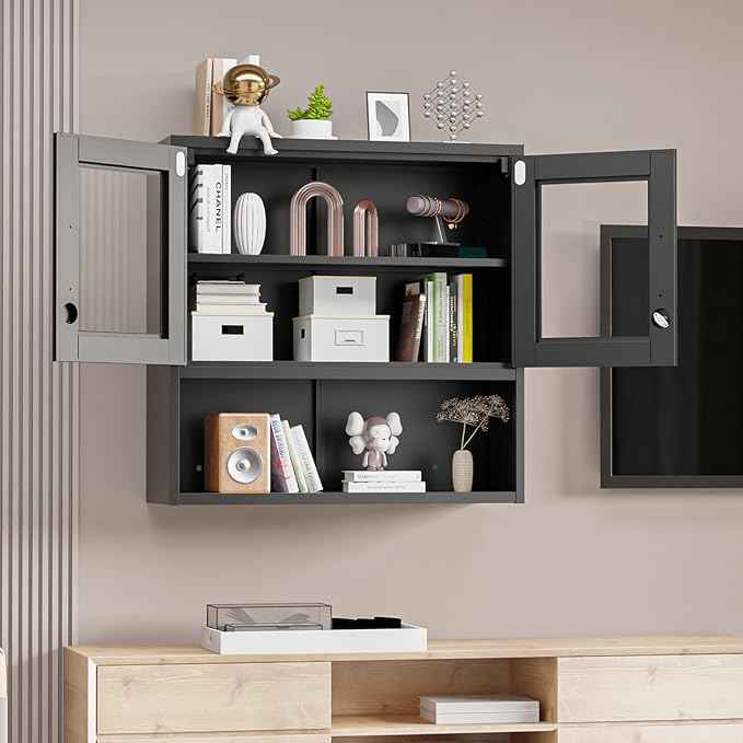 VINGLI Metal Wall Cabinet with Locking Glass Doors, Adjustable Shelf, Wall Mounted Storage Display Cabinets for Garage, Kitchen, Home Office, Warehouse, Living Room, Black