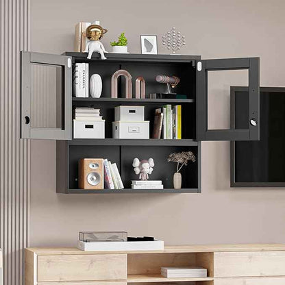 VINGLI Metal Wall Cabinet with Locking Glass Doors, Adjustable Shelf, Wall Mounted Storage Display Cabinets for Garage, Kitchen, Home Office, Warehouse, Living Room, Black