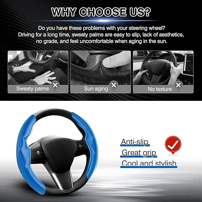 Steering Wheel Cover for Telsa Model 3/Model Y Accessories Carbon Fiber Steering Wheel Cover Protector Anti-Slip, Comfortable Grip, Breathable, Model 3/Y Accessories, Blue