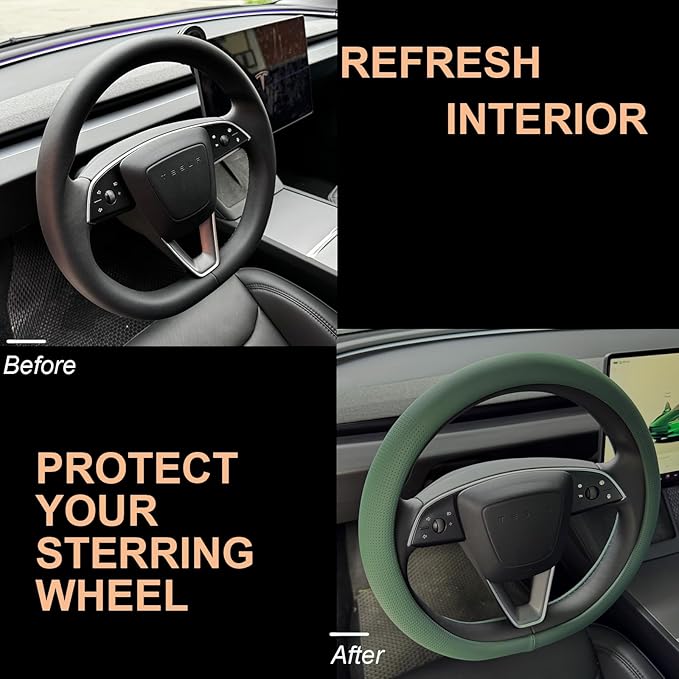 PINCTROT Nappa Leather Steering Wheel Cover for Tesla Model Y/3 Highland/Juniper, D Shaped 14 Inch Small Sized with Breathable Perforation, Fit Like Gloves, Flat Bottom 14 Inch(Nappa Green)