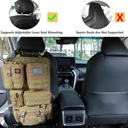 tactical car seat back organizer and storage truck seat covers with a Molle Vehicle Panel and 5 Different Size Molle Pouches for most models such as Jeep,SUV,Pickup(Khaki)