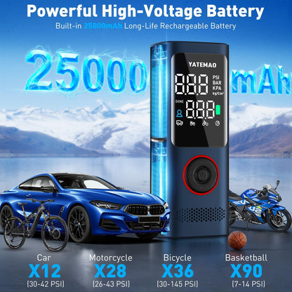 Tire Inflator Portable Air Compressor - tire inflator 25000mAh & 160PSI，4X Fast portable air compressor with LCD Digital Tire Gauge Pressure，Cordless air pump for car tires,bike, Motorcycle, Ball