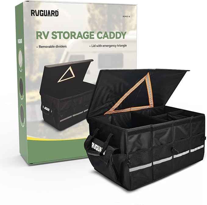 RVGUARD RV Storage Caddy, RV Storage and Organization, with Removable Dividers, Collapsible, Car Trunk Organizer with Large Capacity Waterproof, for RV Accessories, Black