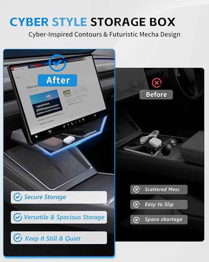 (Upgraded for Tesla Model Y Juniper Under Screen Storage Organizer 2025-2026 [Cyber-Inspired], Model 3 Highland 2024-2025 Center Console Organizer Tray for Tesla Model Y Juniper Accessories