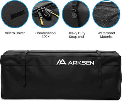 ARKSEN 600D PVC Waterproof Roof Cargo Bag with Lock, Nylon Net, Hitch Stabilizer, 2 Ratchet Straps for SUV, Truck, Van with/Without Rack