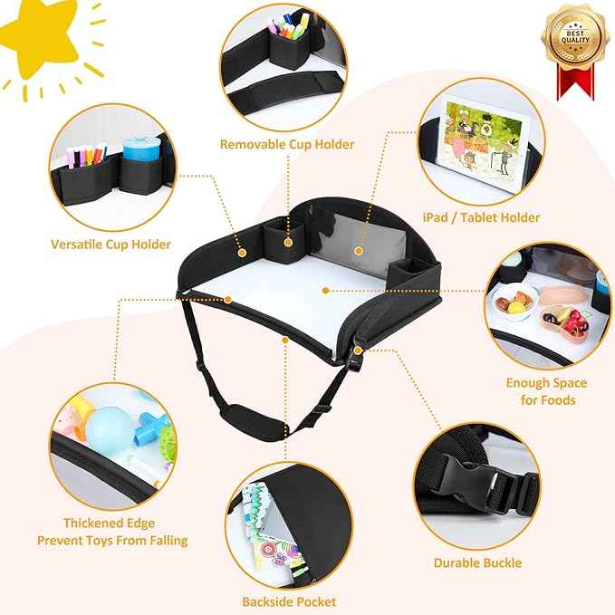 Kids Travel Tray for Toddler Carseat, Road Trip Activities Essentials for Toddler, Kids Lap Desk Tray with Tablet Holder Stand ＆ Dry Erase Board (Black)