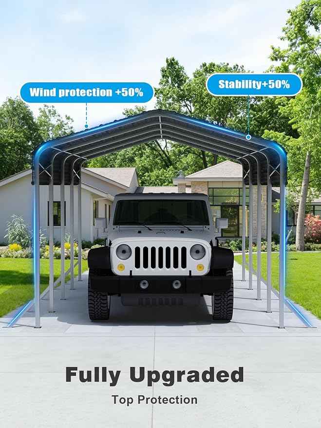 12x20Ft Heavy Duty Metal Carport – Outdoor Galvanized Garage, Sturdy Structure, All-Weather Protection, Easy Assembly for Cars, Trucks, Boats, Tractors, and Outdoor Storage (Grey, 12x20FT)