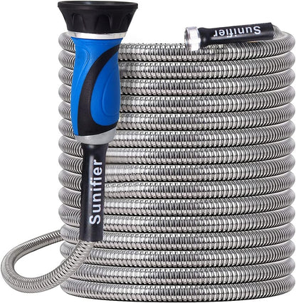 Metal Garden Hose 50 Ft With Hose Nozzle, Flexible Stainless Steel Garden Hose 50 Ft, Heavy Duty Water Hose for Outdoor Garden Watering Washing (50FT)