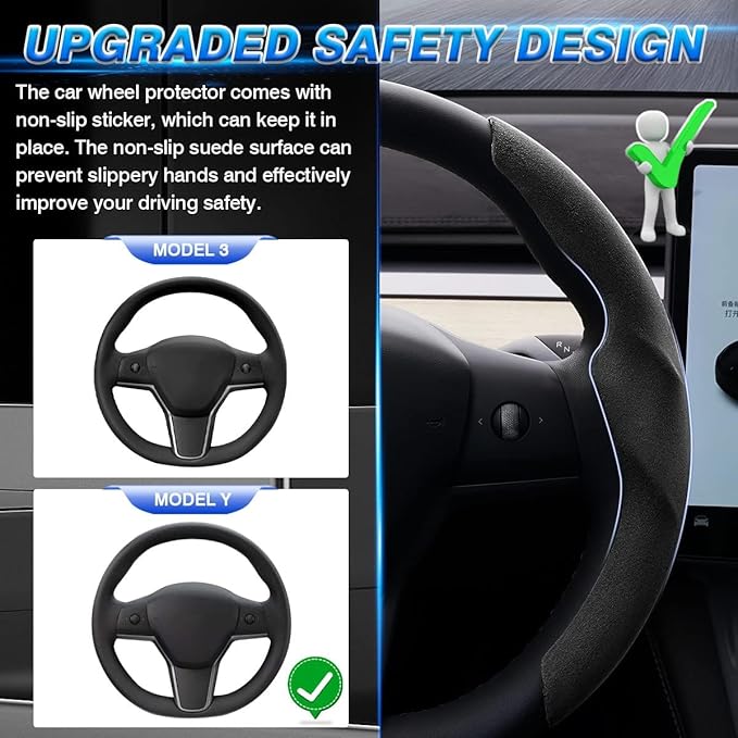 Shademax Custom-Fit for Tesla Steering Wheel Cover, Tesla Model Y 2020-2025 /Model 3 2017-2023Suede Steering Wheel Cover Protector, Non-Slip, Model Y/3 Accessories (Black)