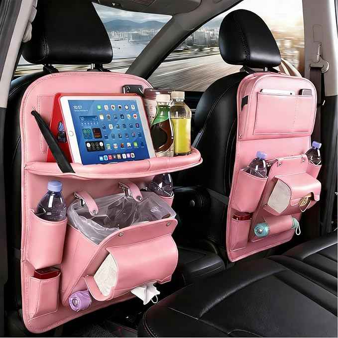 Car Seat Organizer, Multifunctional Backseat Protector Mat, Storage Bag and Tray Rack, Trash Storage (Suitable for Cars, Children, Back of Seats, and Rear Seats) (Pink, Leather 1-Piece Set)