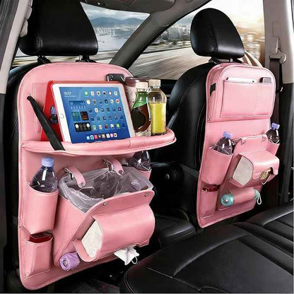 Car Seat Organizer, Multifunctional Backseat Protector Mat, Storage Bag and Tray Rack, Trash Storage (Suitable for Cars, Children, Back of Seats, and Rear Seats) (Pink, Leather 1-Piece Set)