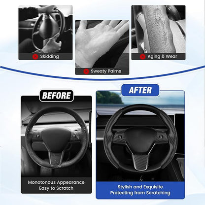 Steering Wheel Cover for Tesla Model 3/ Model Y Carbon Fiber Steering Wheel Wrap Kit Anti-Slip Steering Wheel Trim Protector Sticker Decoration Interior Accessories Black 5PCS
