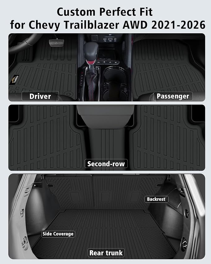 Floor Mats for Chevy Trailblazer AWD 2021-2025 2026 Trunk Mat with Backrest Mat All Weather TPE Full Set Liners & Door Sill Guards for Chevrolet Trailblazer Accessories, Black (Upper Cargo Floor Mat)