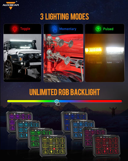 Auxbeam 12 Gang Switch Panel Bluetooth RGB AC-1200 with APP&Remote Control Toggle Momentary Pulsed Switch Pod Off Backlight for Truck Offroad UTV ATV Car Marine 12-24V Waterproof 2 Years Warranty