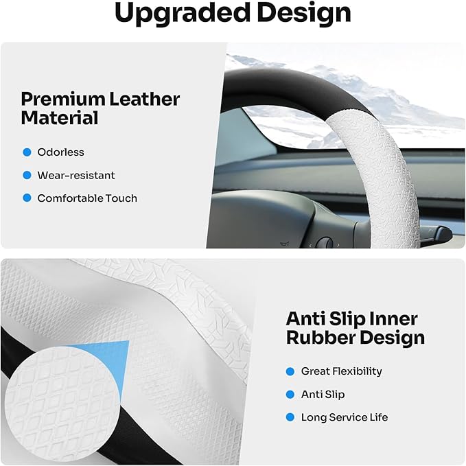 Steering Wheel Cover for 2016-2026 Telsa Model 3/Model Y Accessories (Fit New Model Y Juniper/Model 3 Highland), Leather Steering Wheel Cover Protector Anti-Slip, Comfortable Grip, Breathable