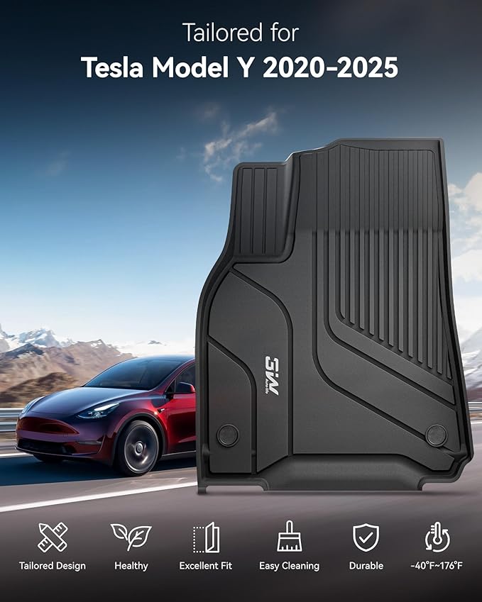 3W Tesla Model Y Floor Mats 2020-2024 2025(Not for Juniper), TPE Floor Liner, Cargo Liner Custom Fit Model Y Accessories All Weather Black, 5-Seater