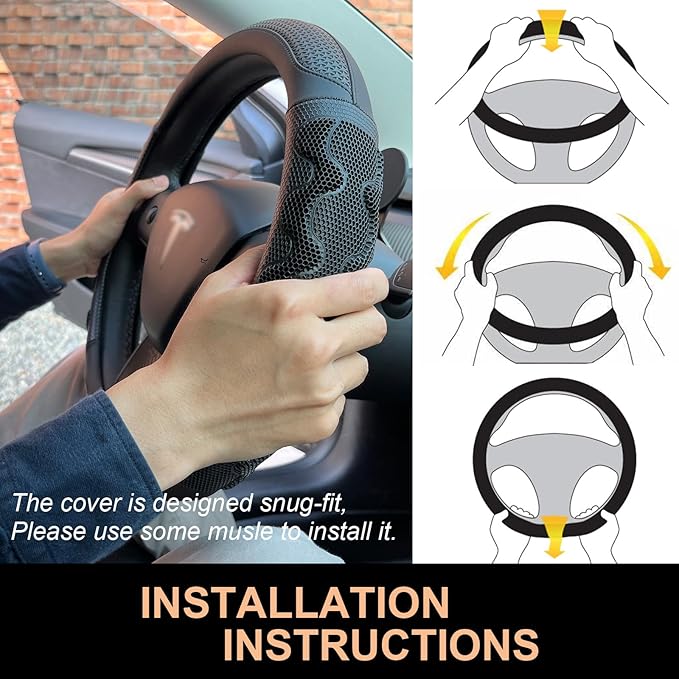 PINCTROT Great Grip Steering Wheel Cover for Tesla Model Y/3 2016-2025 2026 Standard/Highland/Juniper, D Shaped 14 Inch Small Sized, Flat Bottom with 3D Honeycomb Anti-Slip Design (Great Grip Black)