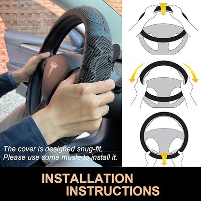 PINCTROT Great Grip Steering Wheel Cover for Tesla Model Y/3 2016-2025 2026 Standard/Highland/Juniper, D Shaped 14 Inch Small Sized, Flat Bottom with 3D Honeycomb Anti-Slip Design (Great Grip Black)